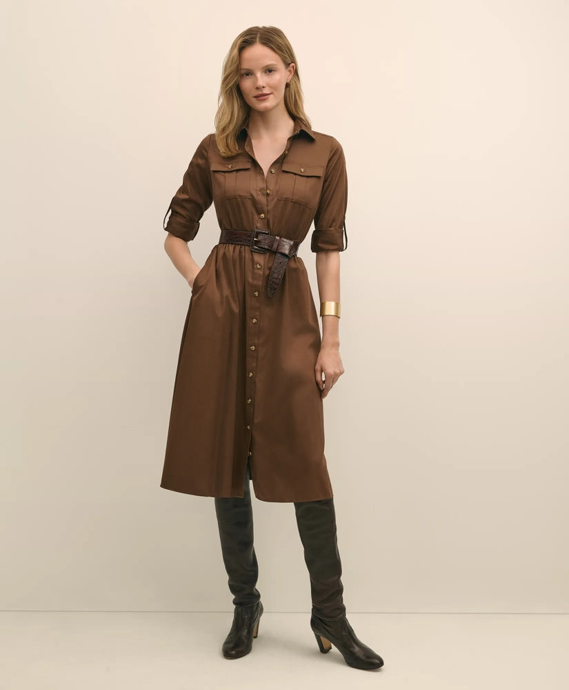 Cotton Sateen Fit-And-Flare Belted Shirt Dress / Brooks Brothers Sale