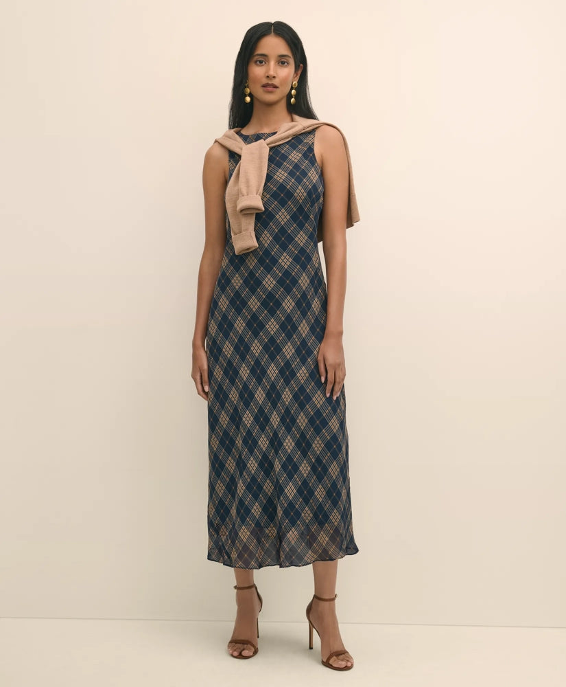 Crinkle Chiffon Plaid Maxi Dress / Brooks Brothers Sale