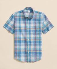 Irish Linen Polo Button Down Collar, Checked Short-Sleeve Shirt / Brooks Brothers Shirts