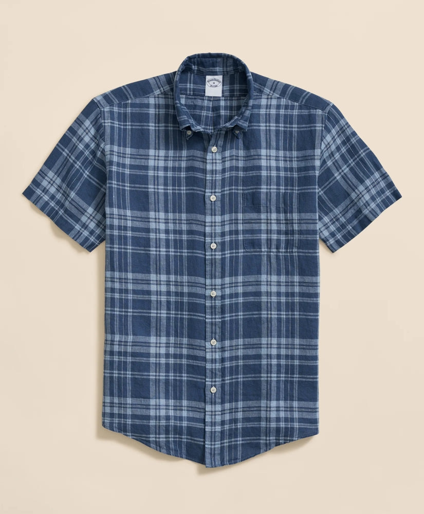 Irish Linen Polo Button Down Collar, Plaid Short-Sleeve Shirt / Brooks Brothers Shirts
