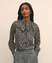 Leaf-Print Jacquard Bow-Neck Blouse / Brooks Brothers Sale