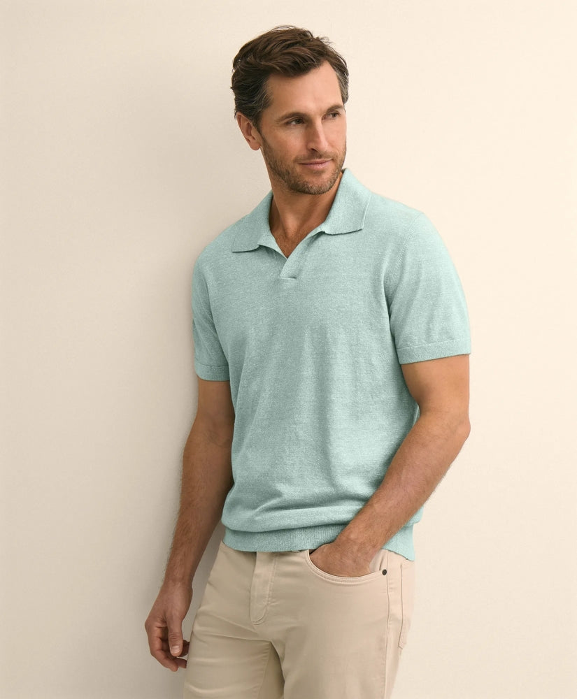 Linen-Cotton-Cashmere Short-Sleeve Mouliné Johnny Collar Sweater / Brooks Brothers Men