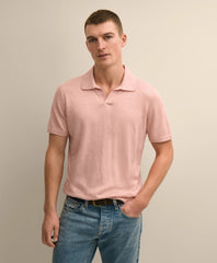 Linen-Cotton-Cashmere Short-Sleeve Mouliné Johnny Collar Sweater / Brooks Brothers Men