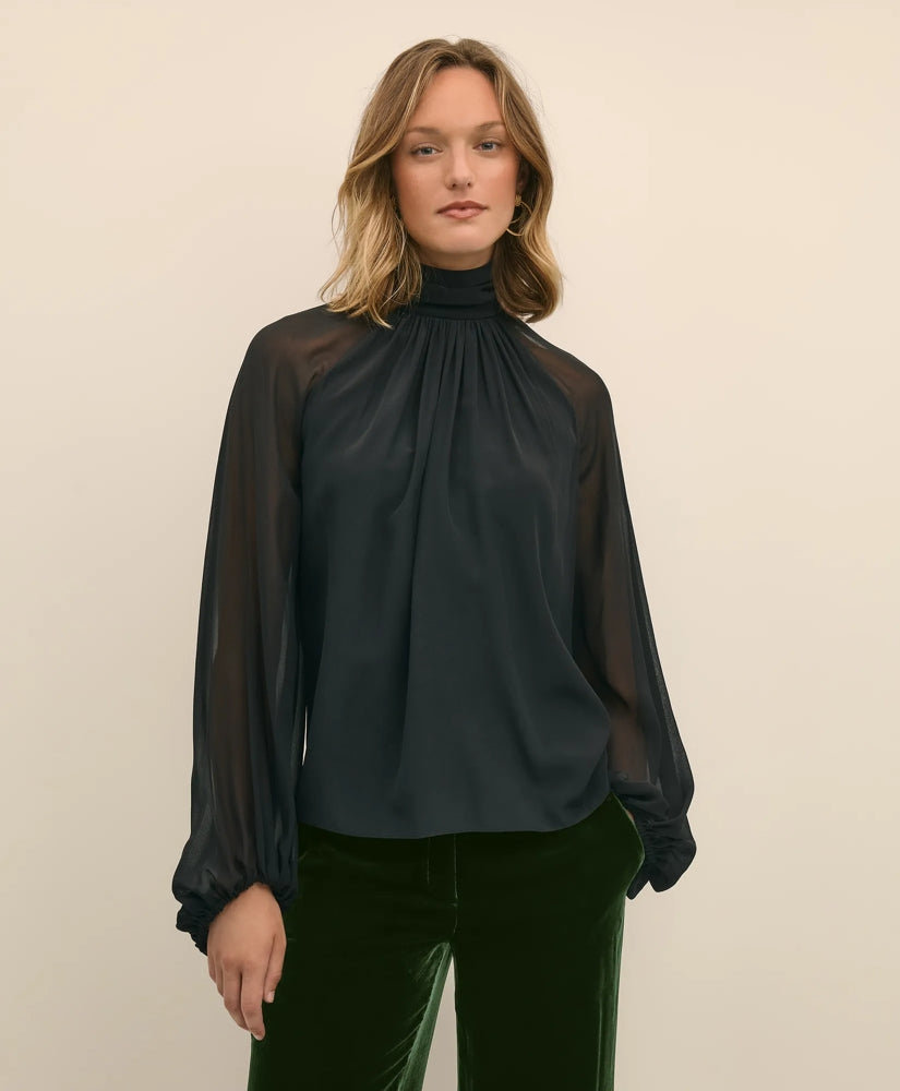Silk Contrast-Sleeve Blouse / Brooks Brothers Sale