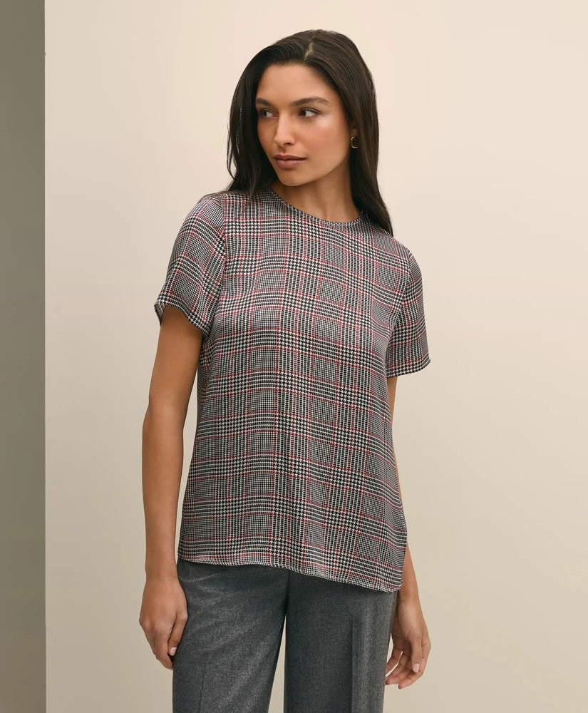 Washable Silk Charmeuse Plaid Short-Sleeve Top / Brooks Brothers Sale