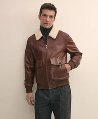 Washed Leather Bomber Jacket With Shearling Collar / Brooks Brothers Sale