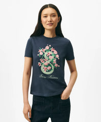 Women's Lunar New Year Cotton Embroidered Bouquet Snake Motif T-Shirt / Brooks Brothers Sale