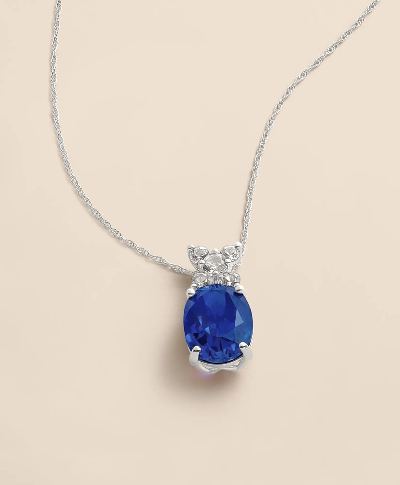 0.3 CT. Lab-Grown Diamond 12mm Sapphire 14k White Gold Pendant Necklace / Brooks Brothers Women