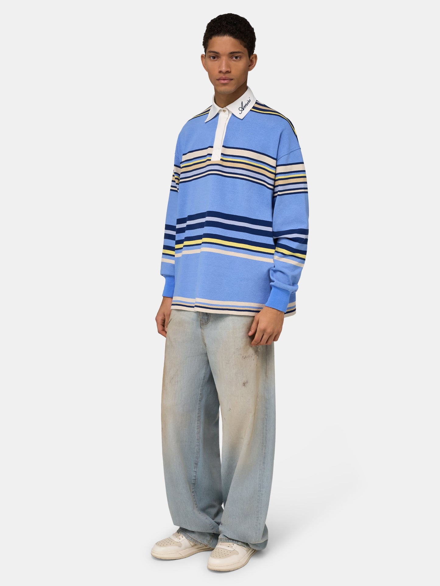 Striped Oversized Long Sleeve Polo - Blue | Amiri Online
