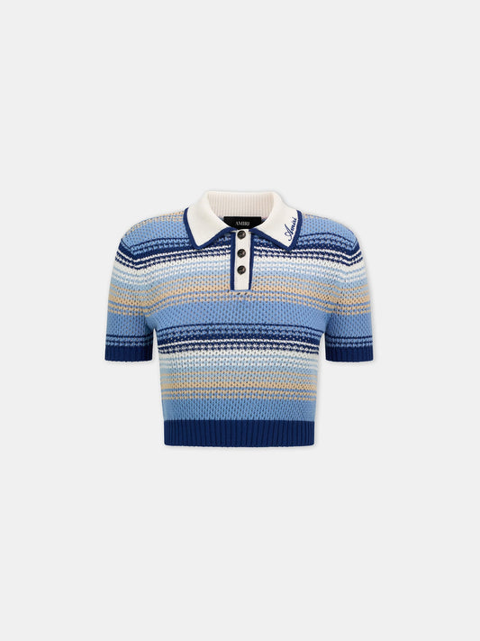 Striped Crochet Mesh Polo - Blue | Amiri Special Offer