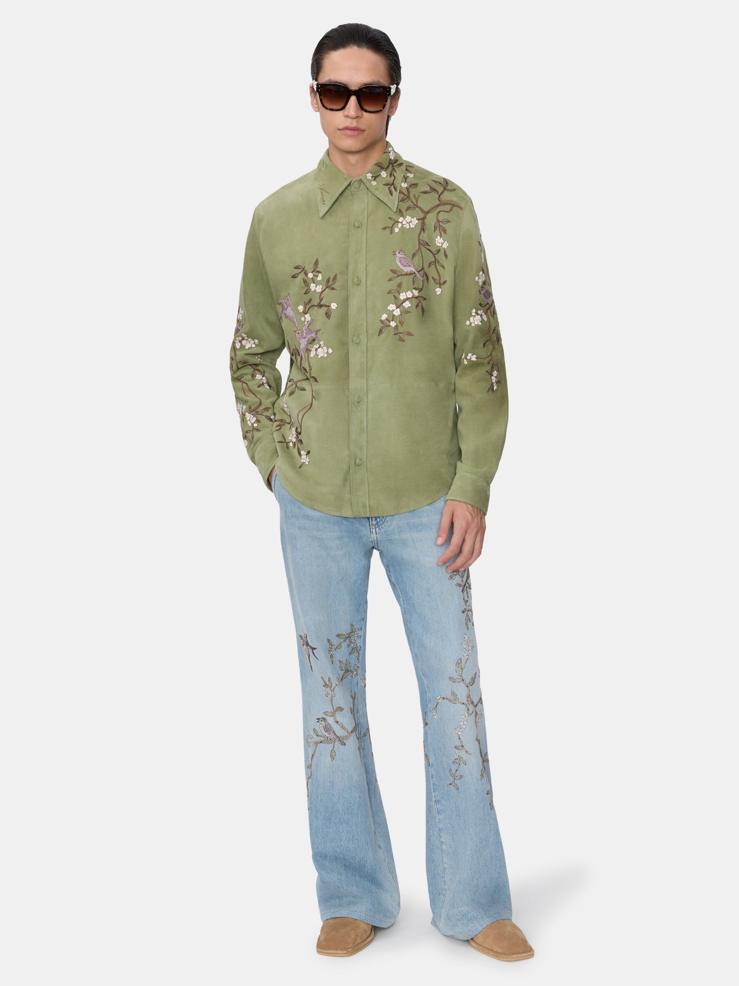 Suede Sparrow Long Sleeve Shirt - Green Tea | Amiri Online