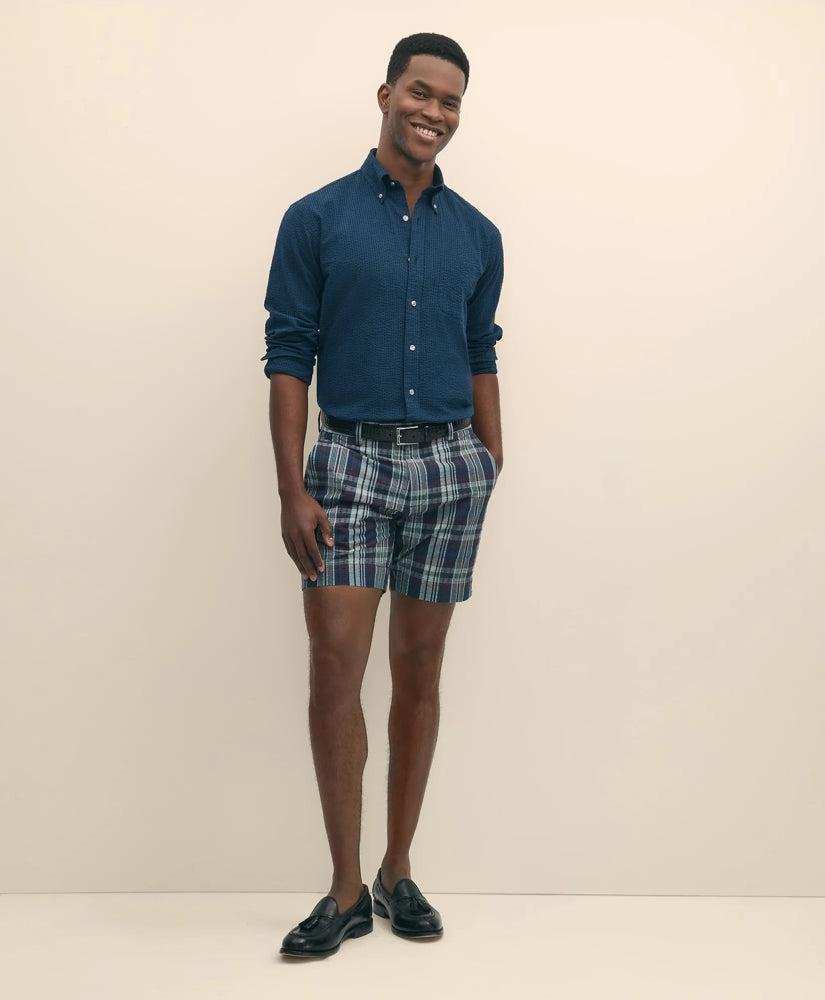 7" Cotton Seersucker Plaid Shorts / Brooks Brothers Sale