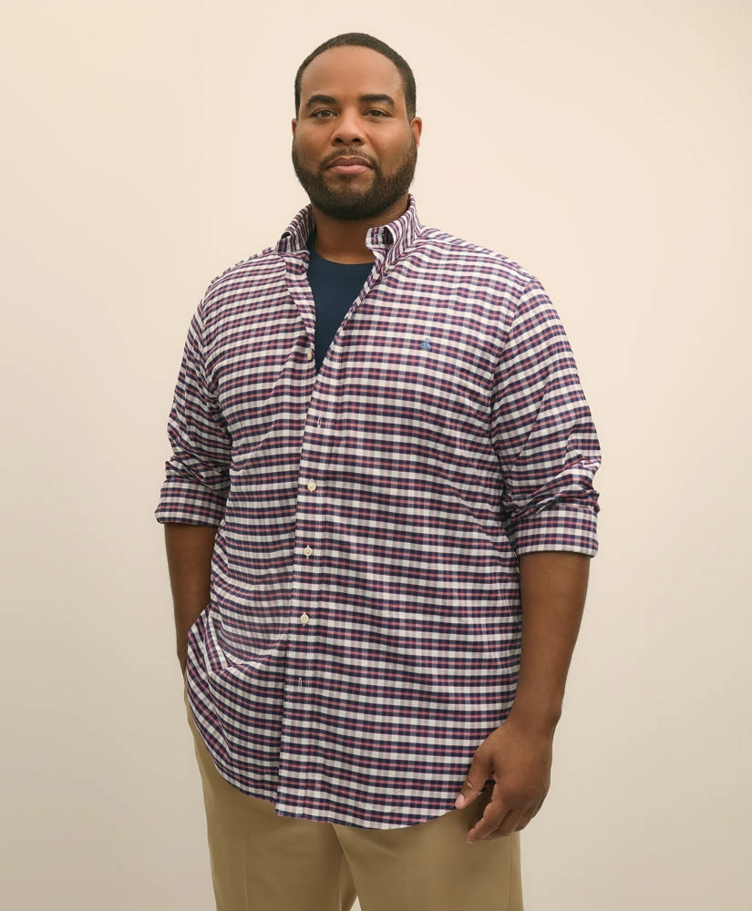 Big & Tall Stretch Cotton Non-Iron Oxford Polo Button Down Collar, Outline Check Shirt / Brooks Brothers Sale