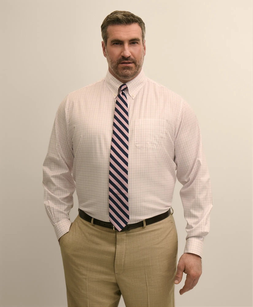 Big & Tall Stretch Cotton Non-Iron Pinpoint Oxford Polo Button Down, Windowpane Dress Shirt / Brooks Brothers Men