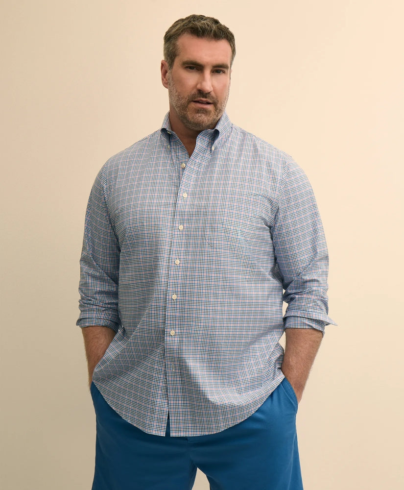 Big & Tall Stretch Cotton Non-Iron Poplin Polo Button Down, Check Sport Shirt / Brooks Brothers Men