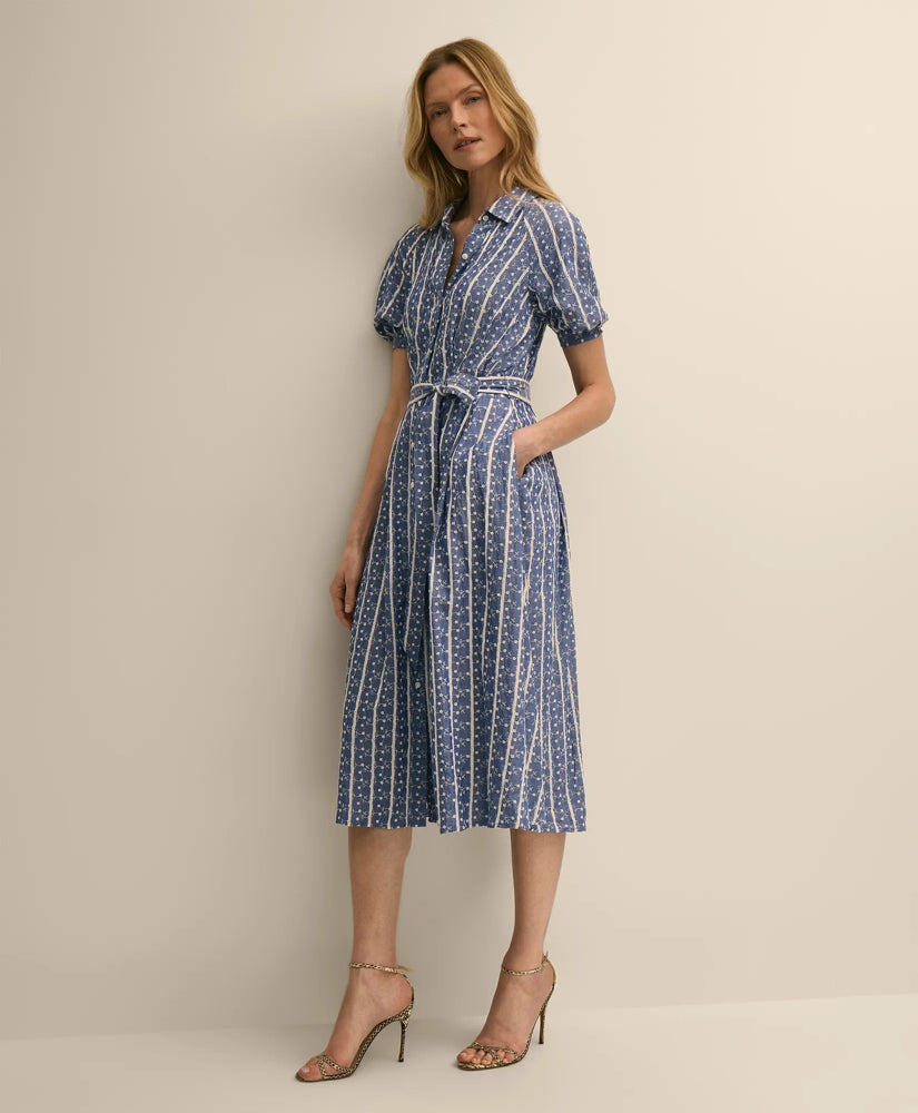 Chambray Floral-Stripe Embroidered Belted Shirt Dress / Brooks Brothers Women