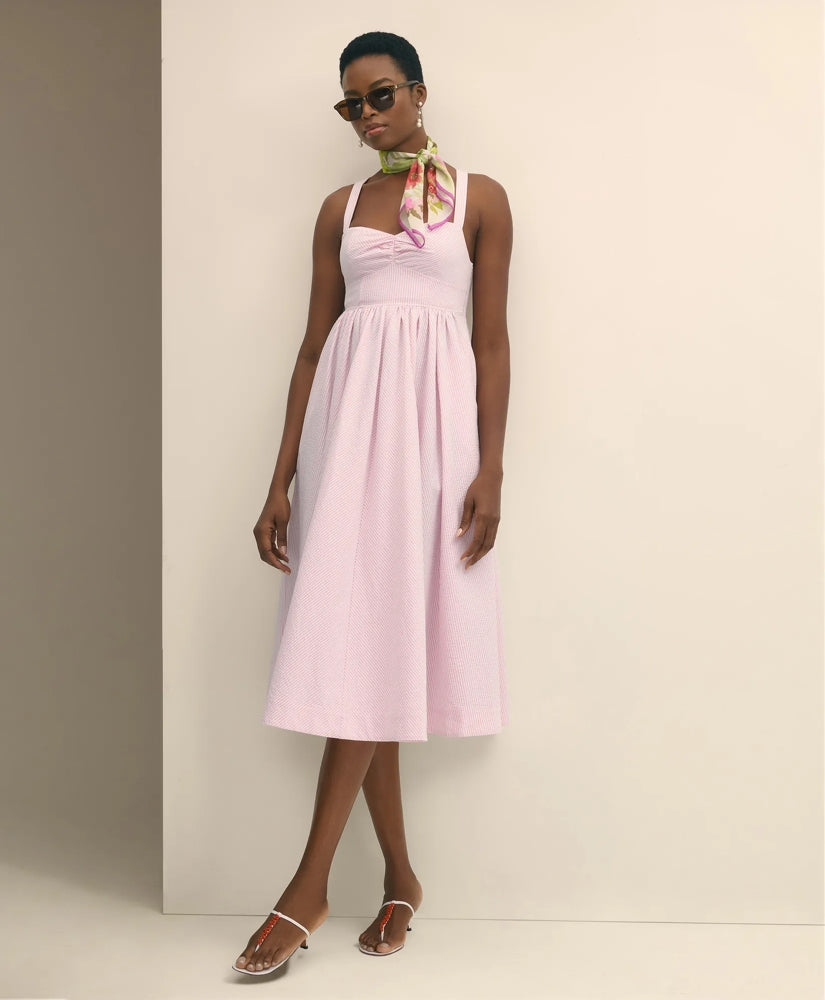 Cotton Blend Seersucker Fit-And-Flare Dress / Brooks Brothers Sale