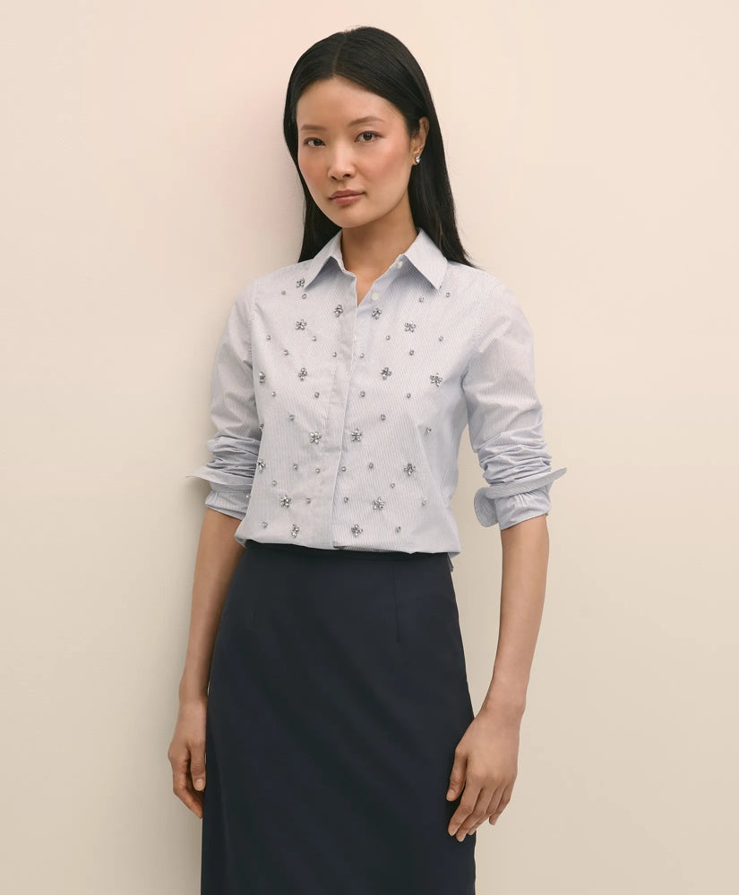 Cotton Poplin Pinstripe Embellished Shirt / Brooks Brothers Sale
