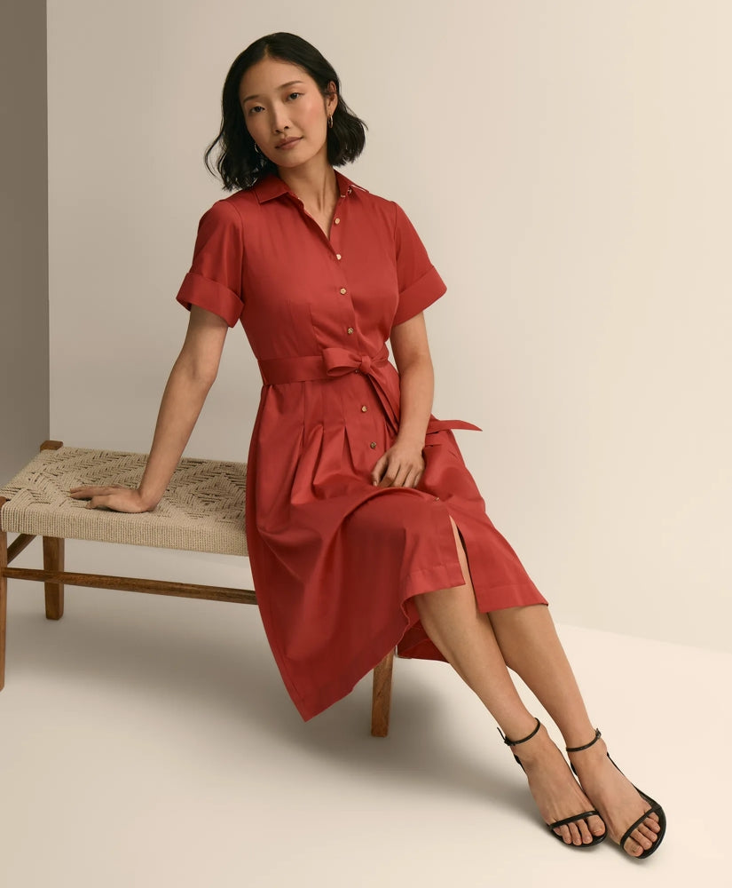 Cotton Sateen Short-Sleeve Belted Shirt Dress / Brooks Brothers Women