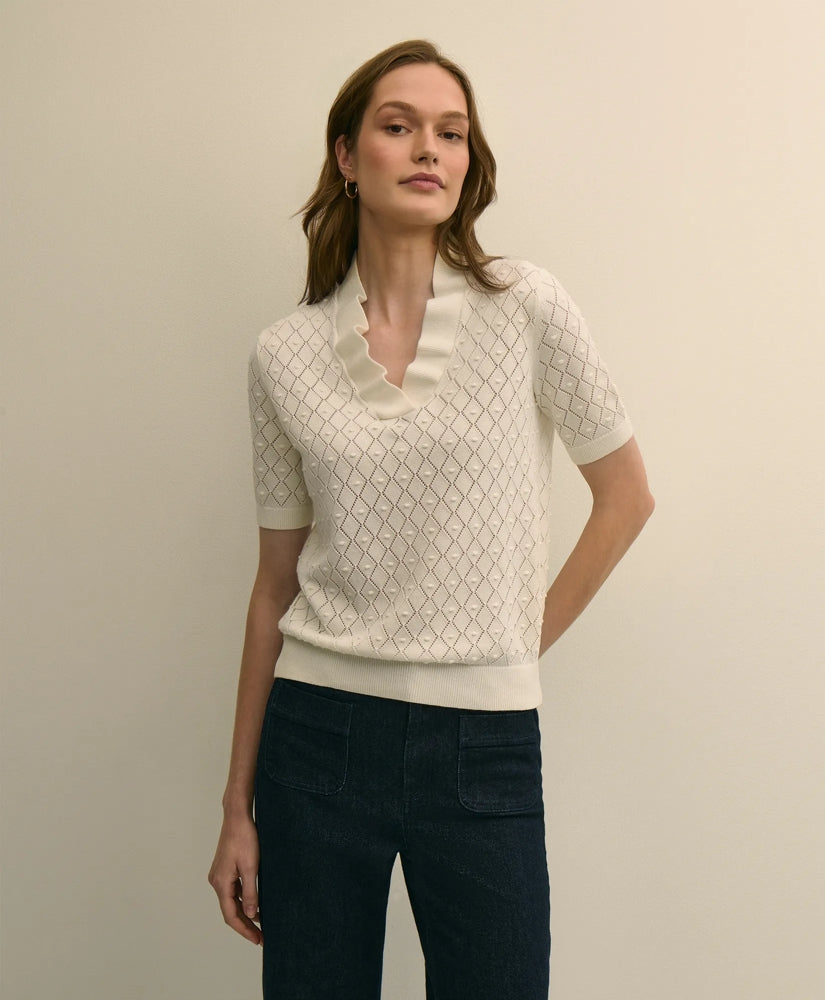 Cotton Viscose Short-Sleeve Ruffle Sweater / Brooks Brothers Women