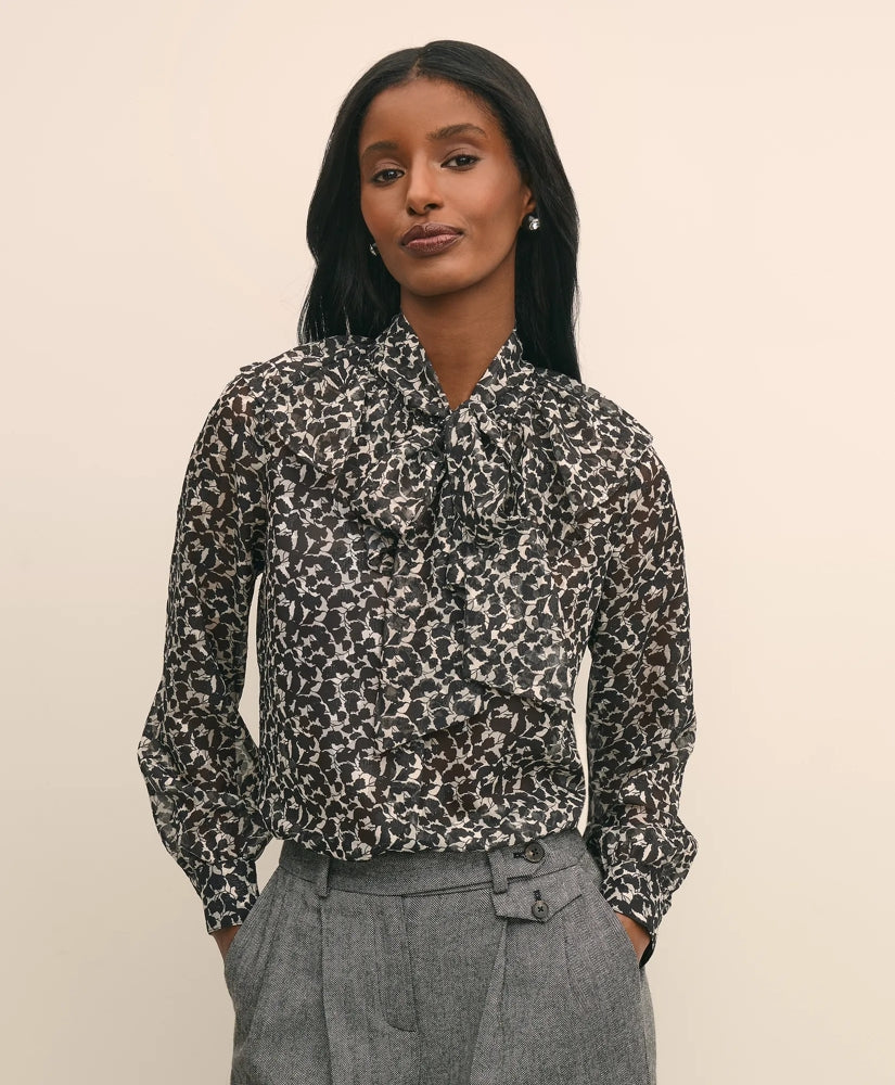 Leaf-Print Jacquard Bow-Neck Blouse / Brooks Brothers Sale
