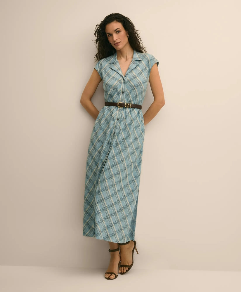 Linen Blend Plaid Belted Sleeveless Dress / Brooks Brothers Women
