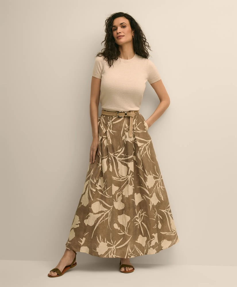 Linen-Blend Pleated Floral A-Line Skirt / Brooks Brothers Women