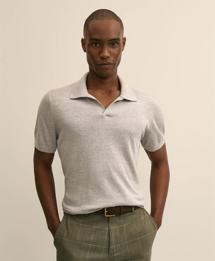 Linen-Cotton-Cashmere Short-Sleeve Mouliné Johnny Collar Sweater / Brooks Brothers Men