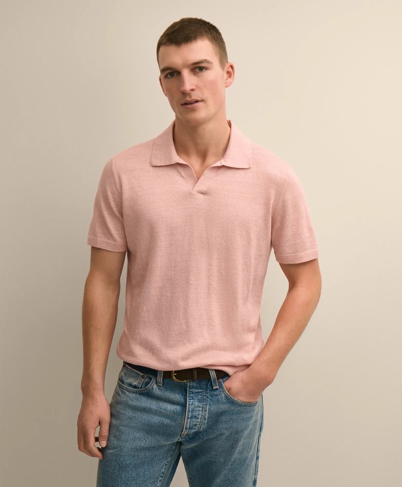 Linen-Cotton-Cashmere Short-Sleeve Mouliné Johnny Collar Sweater / Brooks Brothers Men