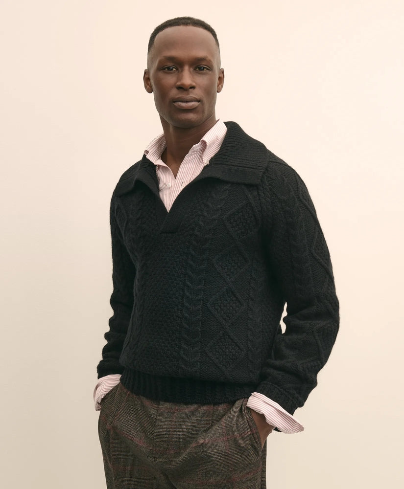 Merino Wool Johnny Collar Aran Sweater / Brooks Brothers Sale