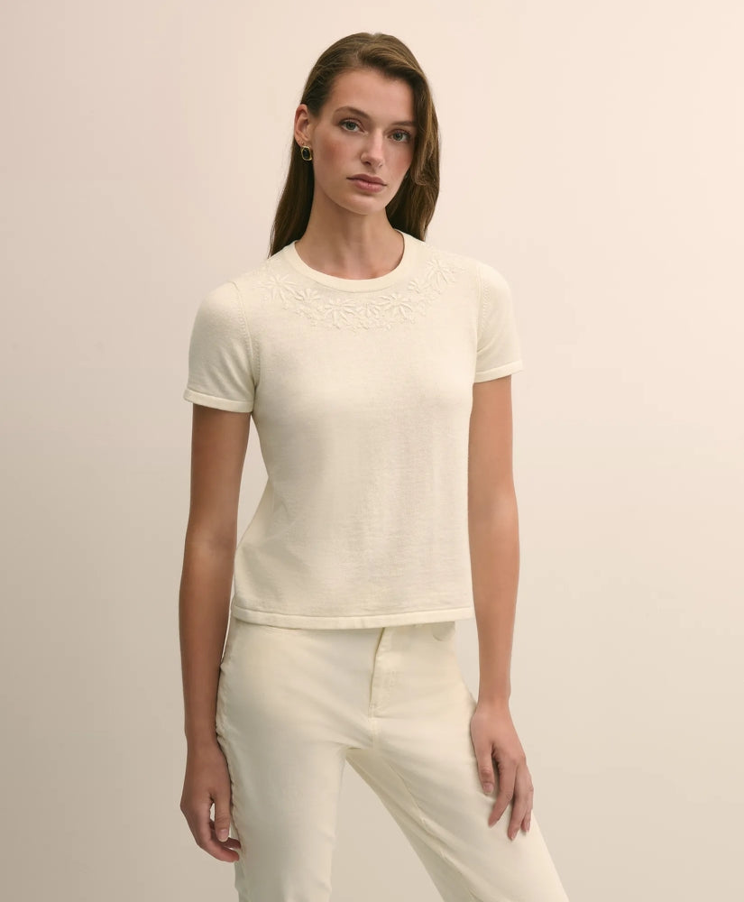 Merino-Wool-Cotton Blend Floral Embellished Short-Sleeve Sweater Shell / Brooks Brothers Sale