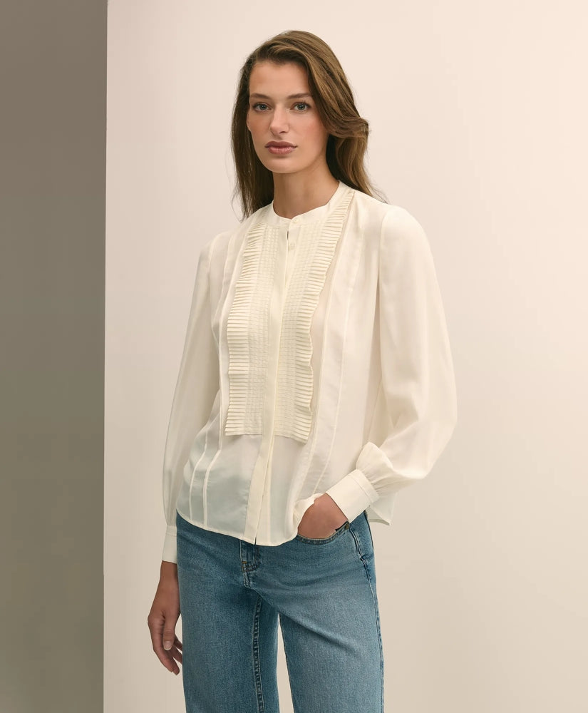 Silk Haboti Pintucked Band-Collar Blouse / Brooks Brothers Sale