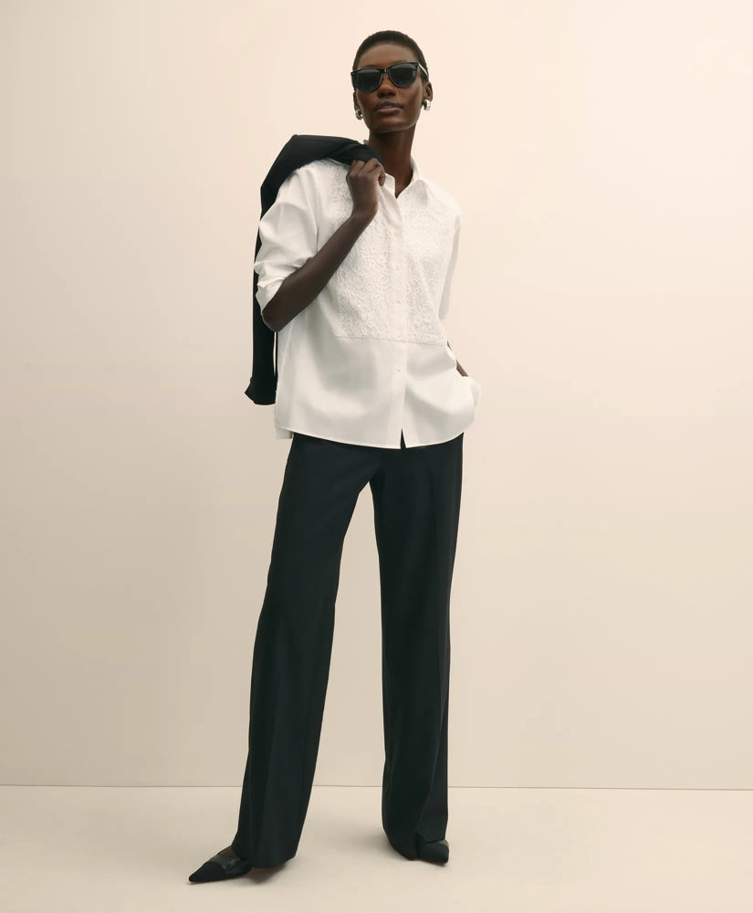 Cotton Sateen Relaxed Lace-Bib Shirt / Brooks Brothers Tailored