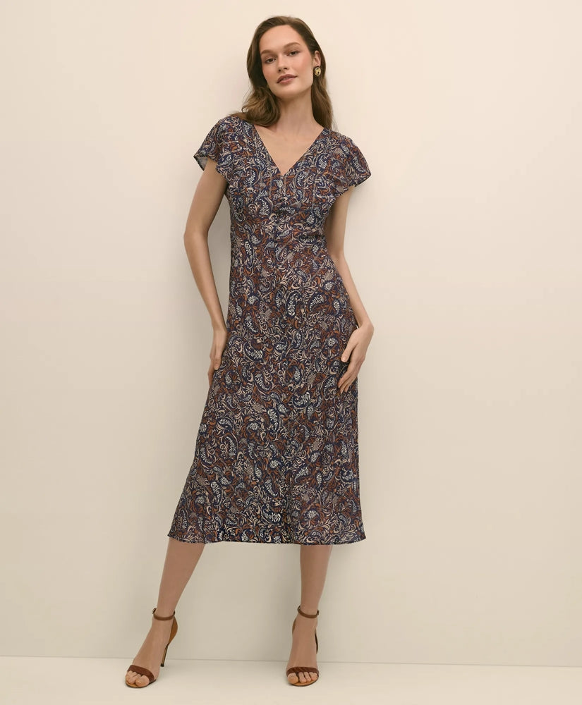 Paisley Shimmer Ruffle-Front Chevron-Stripe Dress / Brooks Brothers Sale