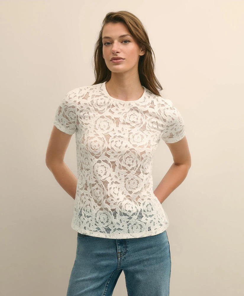 Semi-Sheer Short-Sleeve Top in Floral Lace / Brooks Brothers Shirts