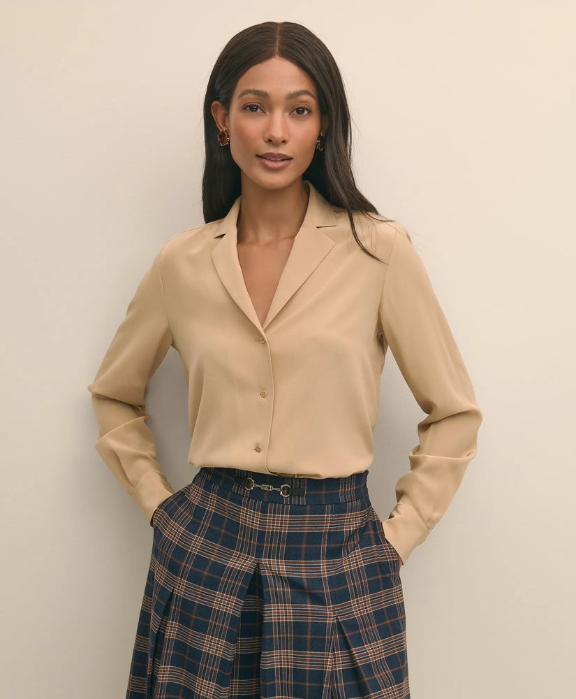 Silk Crepe Notch-Collar Blouse / Brooks Brothers Shirts