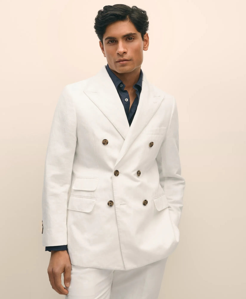 Slim Fit Cotton-Linen Herringbone Double-Breasted Suit Jacket / Brooks Brothers Tailored
