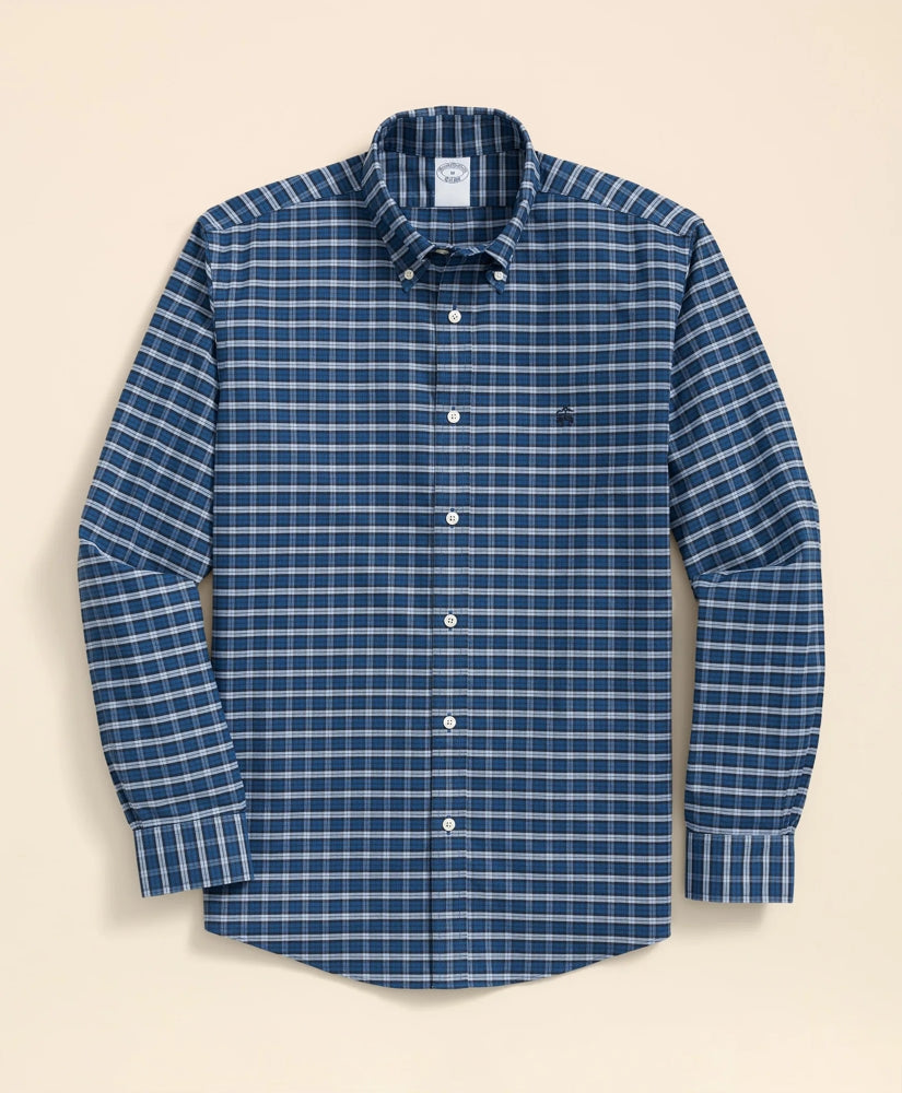 Stretch Cotton Non-Iron Oxford Polo Button Down Collar, Mini Tartan Shirt / Brooks Brothers Sale