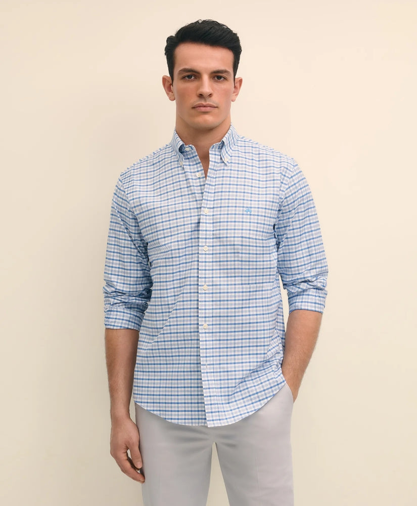 Stretch Cotton Non-Iron Oxford Polo Button-Down Collar, Outline Check Shirt / Brooks Brothers Sale