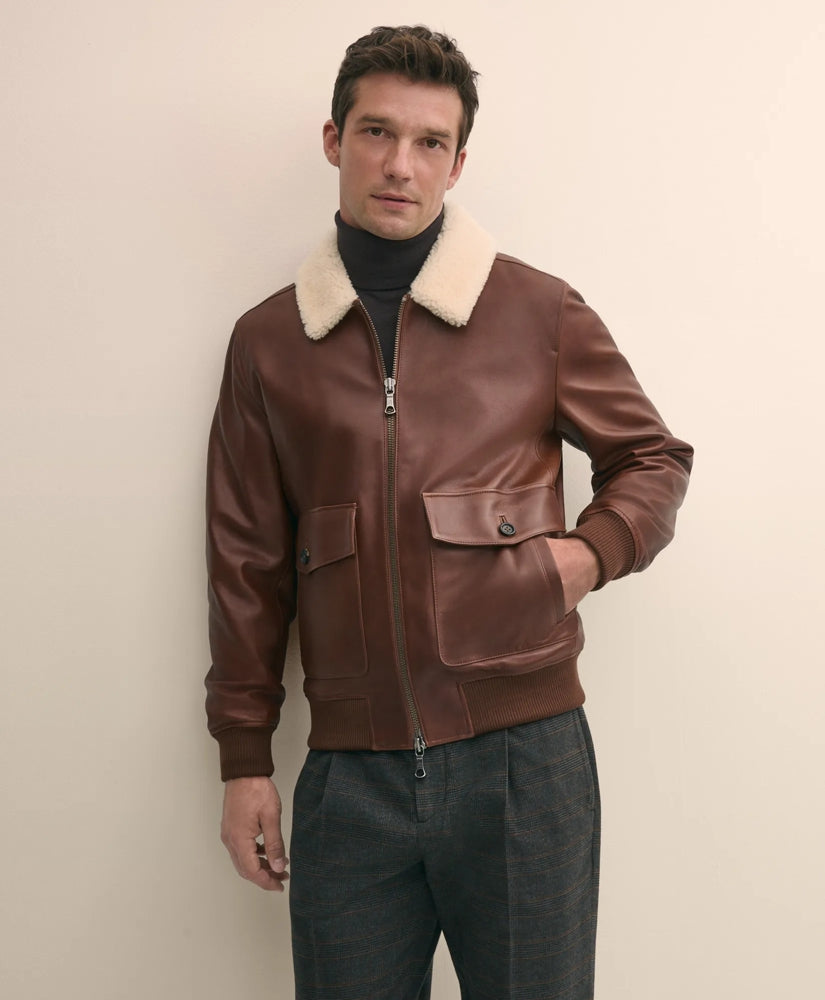 Washed Leather Bomber Jacket With Shearling Collar / Brooks Brothers Sale