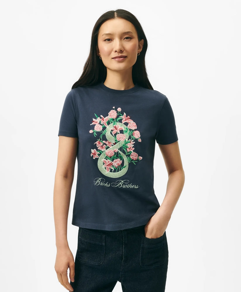 Women's Lunar New Year Cotton Embroidered Bouquet Snake Motif T-Shirt / Brooks Brothers Sale